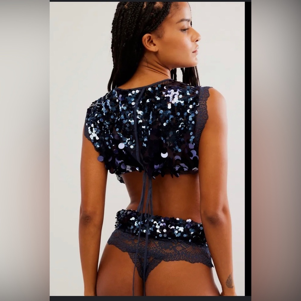 Free People intimately Main Character dark navy blue sequin lace Bodysuit top